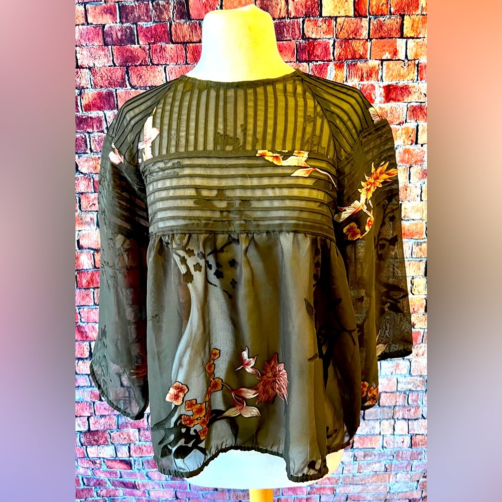 Vintage~ “One Fine Day” size Large Olive Green Sheer Blouse ~ PERFECT 4 Season